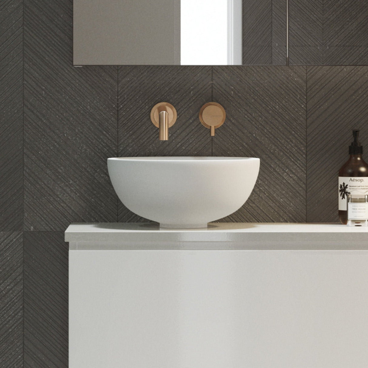 A lifestyle image of Timberline's Rose Basin 320mm White Gloss