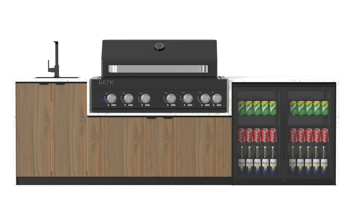 Outdoor kitchen with BBQ, and laminex wooden cabinets and beverage cooler on a white background