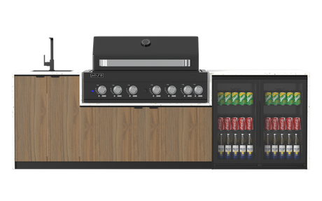 Outdoor kitchen with BBQ, and laminex wooden cabinets and beverage cooler on a white background