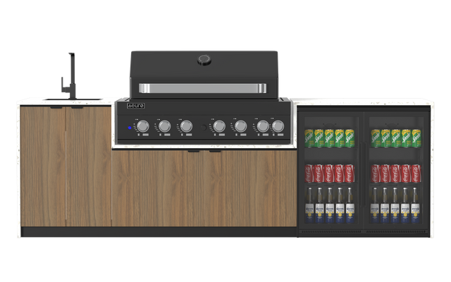 Outdoor kitchen with BBQ, and laminex wooden cabinets and beverage cooler on a white background