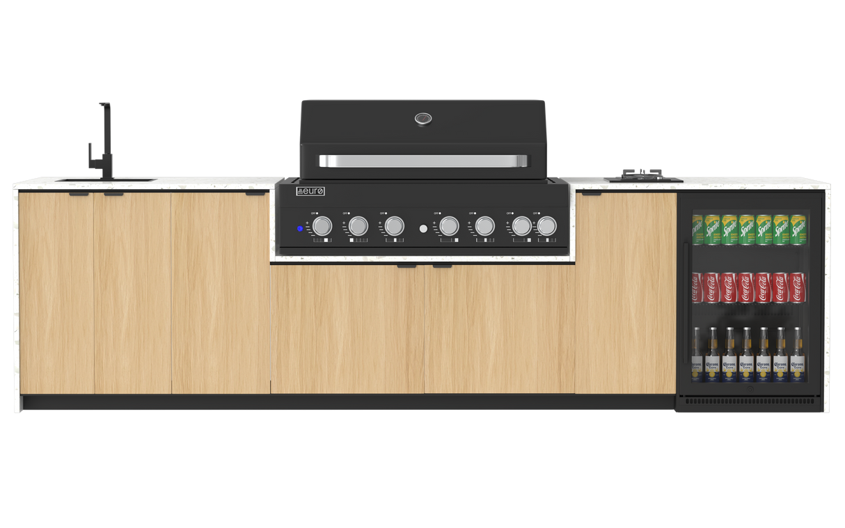 Modern kitchen counter with BBQ, sink, and cooktop on a white background