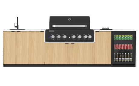 Modern kitchen counter with BBQ, sink, and cooktop on a white background
