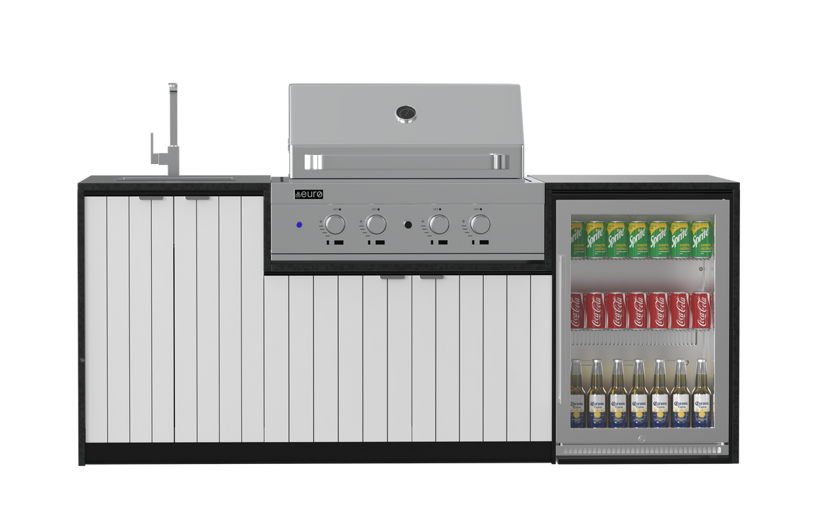 Outdoor kitchen with BBQ, and laminex white cabinets and beverage cooler on a white background