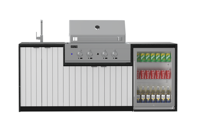 Outdoor kitchen with BBQ, and laminex white cabinets and beverage cooler on a white background