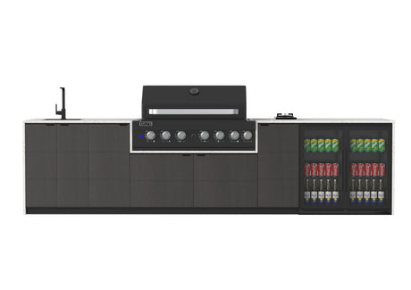 Outdoor kitchen with BBQ, cooktop, laminex brown cabinets and beverage cooler on a white background