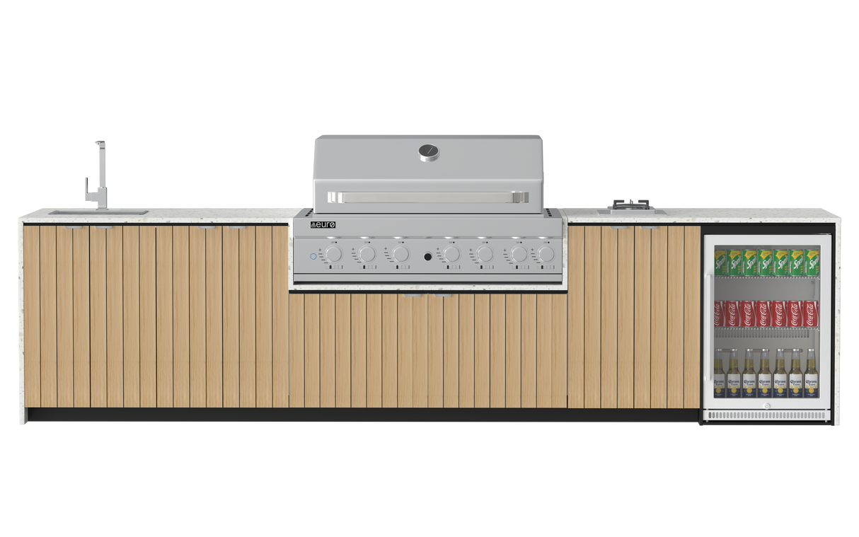 Outdoor kitchen counter with BBQ and cooktop on a white background