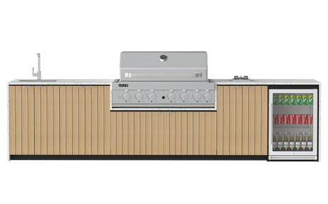 Outdoor kitchen counter with BBQ and cooktop on a white background