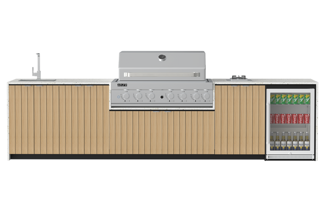 Outdoor kitchen counter with BBQ and cooktop on a white background
