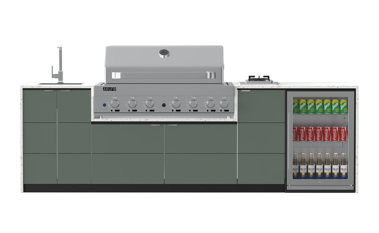 Outdoor kitchen with BBQ, cooktop, laminex green cabinets and beverage cooler on a white background
