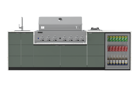 Outdoor kitchen with BBQ, cooktop, laminex green cabinets and beverage cooler on a white background