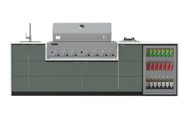 Outdoor kitchen with BBQ, cooktop, laminex green cabinets and beverage cooler on a white background