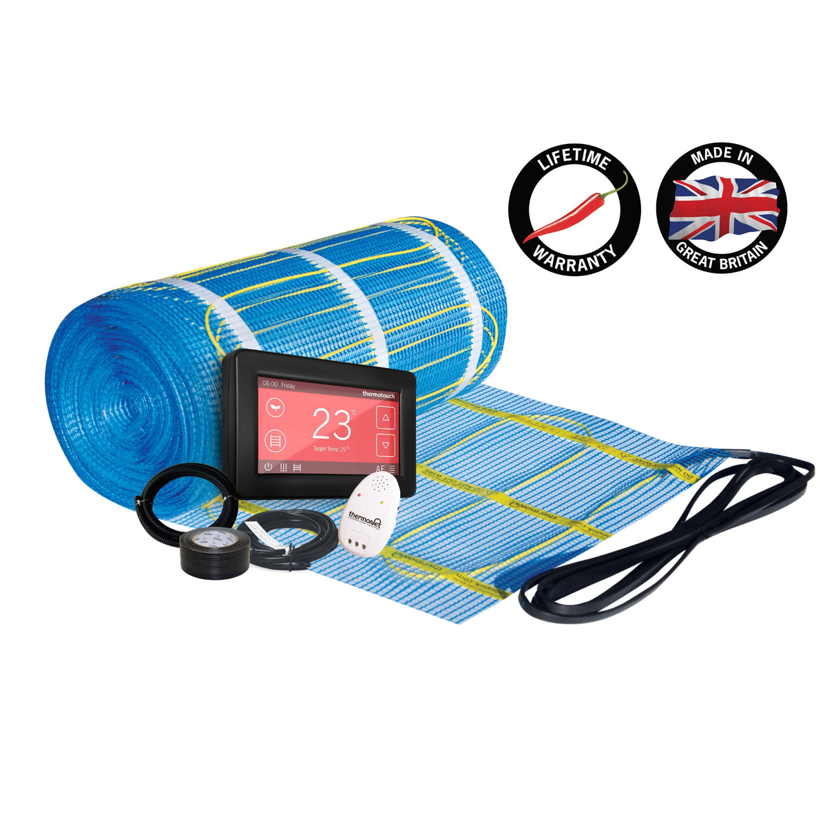 Thermonet 150W/m² Self Adhesive 8x0.5m - 4.0m² 600Watts Floor Heating Kit Including Black 5246 Dual Thermostat