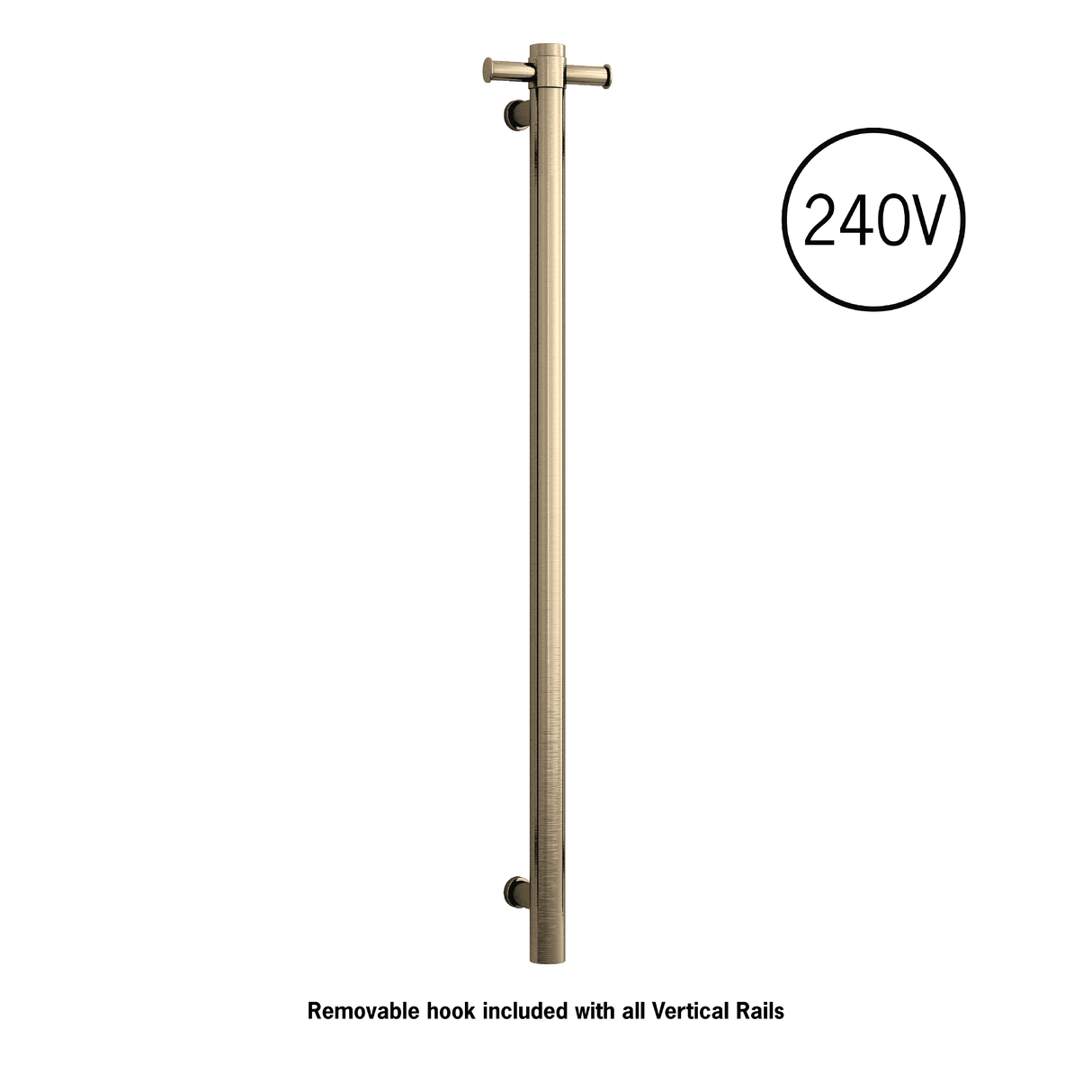 Thermorail Straight/Round 240Volt Vertical Bar 900x142x100mm 20Watt With Optional Hook - Brushed Brass