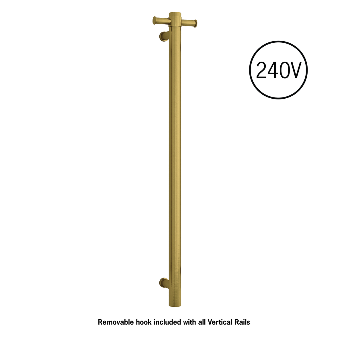 Thermorail Straight/Round 240Volt Vertical Bar 900x142x100mm 20Watt With Optional Hook - Brushed Gold