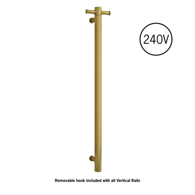 Thermorail Straight/Round 240Volt Vertical Bar 900x142x100mm 20Watt With Optional Hook - Brushed Gold