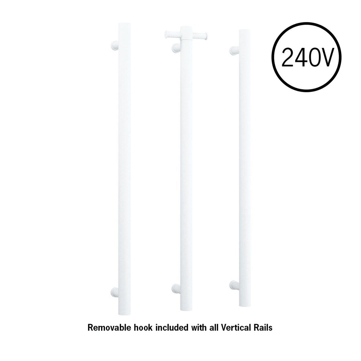 Thermorail Straight/Round 240Volt Vertical Bar 900x142x100mm 22Watts With Optional Hook - Matt White